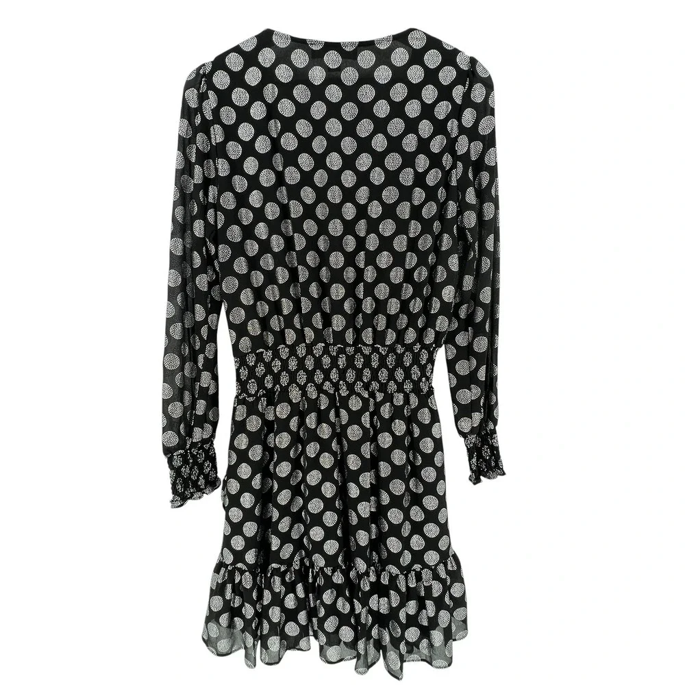 Michael Kors Dress Womens Medium Black Silver Polka Dot Smocked Ruffle Mini